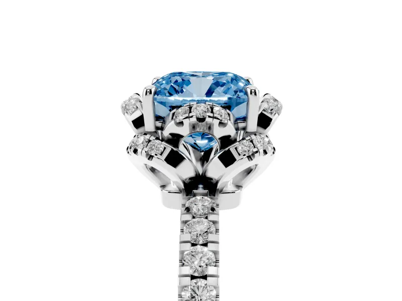 Fancy Blue Cushion Cut Diamond Halo Pavé Band Ring Set in Silver with Prong-Held Center
