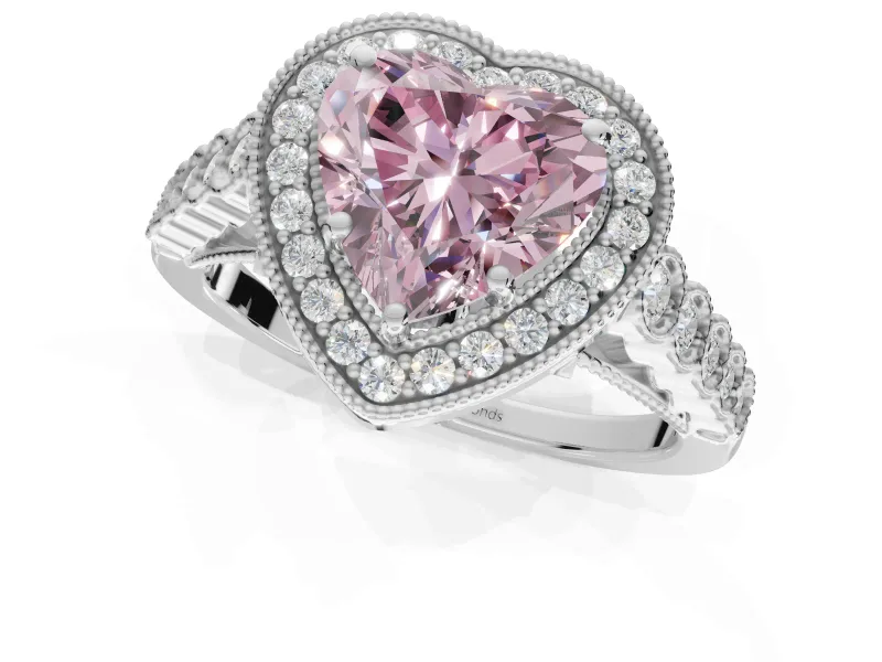 Heart-Shaped Graduated Milgrain Halo Engagement Ring Setting for a Fancy Pink Lab-Grown Diamond | White Gold
