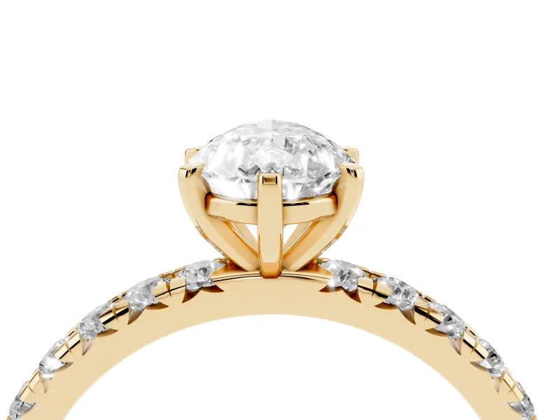 Pear-Shaped Pavé Solitaire Engagement Ring Setting | Shared Prong Band | Yellow Gold