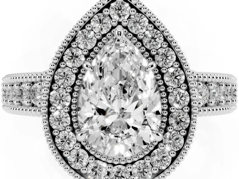 Pear-Shaped Vintage Milgrain Halo Engagement Ring Setting | Carved Leaf Detail | White Gold