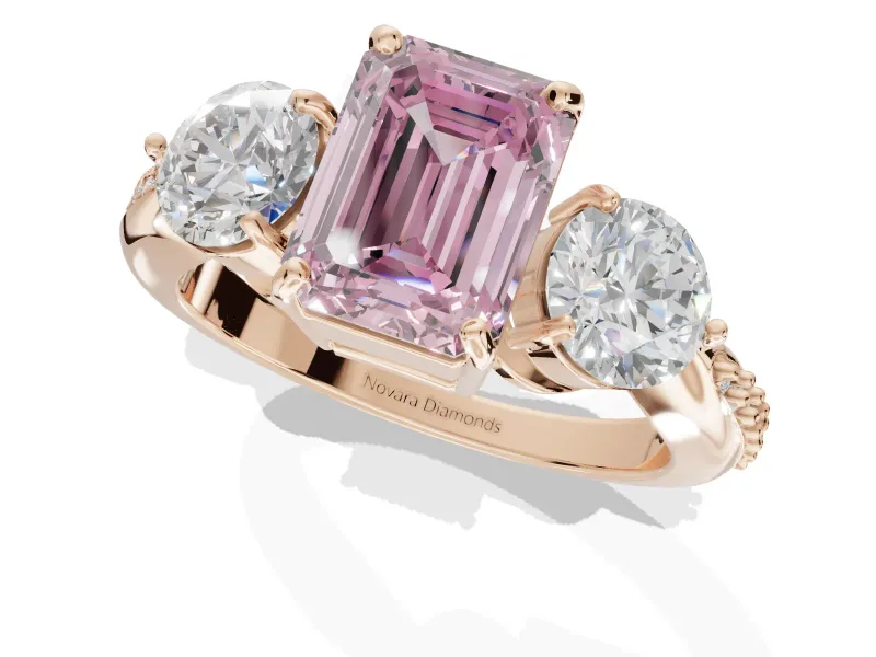 Emerald Cut Three Stone Engagement Ring Setting for a Fancy Pink Lab-Grown Diamond | Tapered Pave Band | Rose Gold