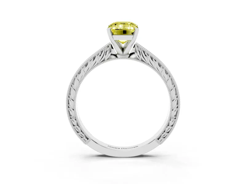 Fancy Yellow Emerald Cut Diamond Solitaire Milgrain Engraved Band Set in White gold with Prong Setting