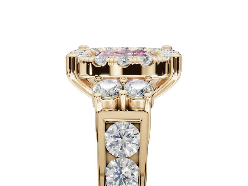 Cushion Cut Halo Engagement Ring Setting for a Fancy Pink Lab-Grown Diamond | Graduated Channel Band | Yellow Gold