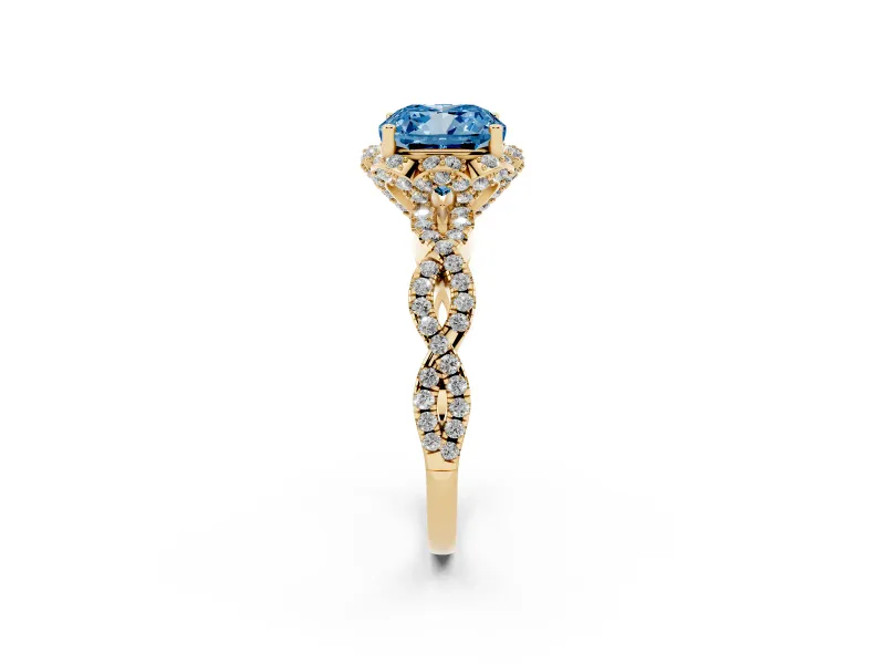 Fancy Blue Cushion Cut Diamond Halo Twist Band Solitaire Ring Set in Yellow gold with Prong-Set Center Stone
