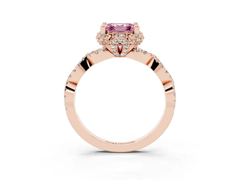Fancy Pink Asscher Cut Diamond Halo Twist Band Solitaire Ring Set in Rose gold with Prong-Set Center Stone
