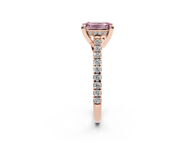 Fancy Pink Emerald Cut Diamond Solitaire Ring Set in Rose gold with Brilliant Pavé Band and Prong Setting