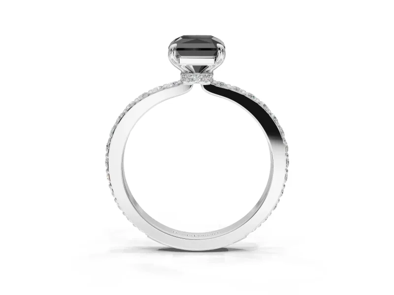 Radiant Cut Hidden Halo Engagement Ring Setting for a Black Center | Pavé Band | White Gold