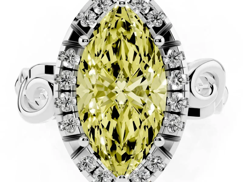 Fancy Yellow Marquise Cut Diamond Halo Ring Set in Platinum with Scrollwork Band and Prong Setting