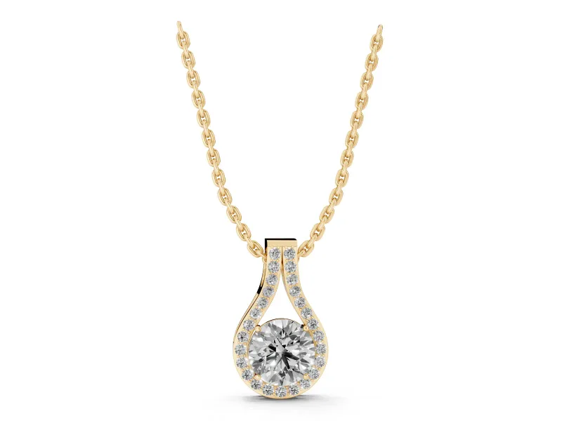 Round Lab-Grown Diamond Teardrop Halo Pendant Necklace | Split Pavé Bail | Yellow Gold
