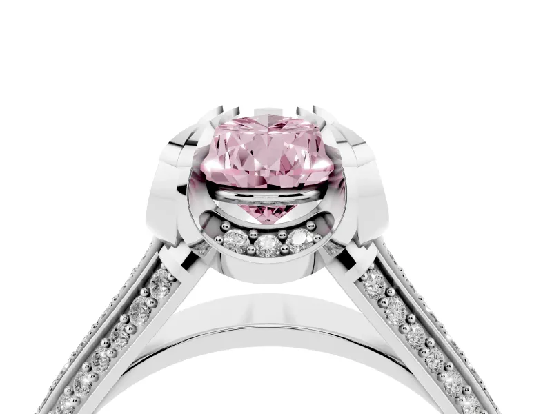 Fancy Pink Pear Cut Diamond Pavé Split Shank Solitaire Ring Set in Platinum with Prong Setting