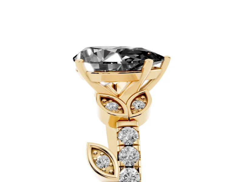 Fancy Black Pear Cut Diamond Solitaire Leaf-Inspired Ring Set in Yellow gold with Pavé Band and Prong Setting