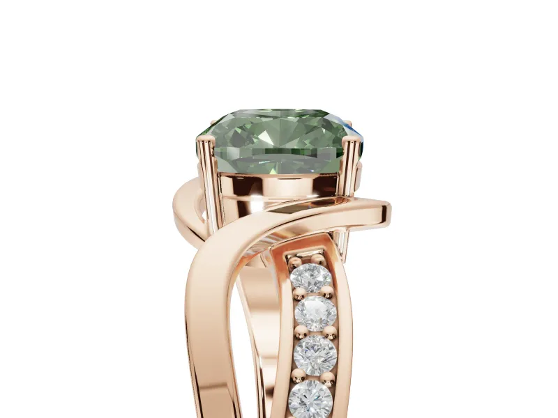 Cushion Cut Bypass Solitaire Engagement Ring Setting for a Fancy Green Lab-Grown Diamond | Pavé Strands | Rose Gold