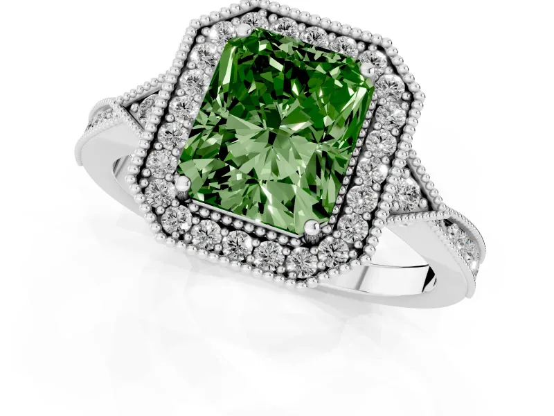 Fancy Green Radiant Cut Diamond Halo Engagement Ring Set in White gold with Milgrain Pavé Band