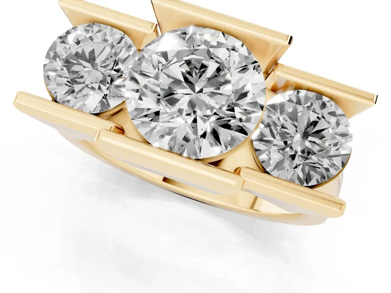 Round Channel-Set Three Stone Engagement Ring Setting | Wide Flat Band | Yellow Gold