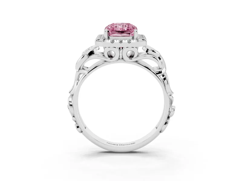 Fancy Pink Radiant Cut Diamond Halo Ring Set in Platinum with Scrollwork Band and Prong Setting