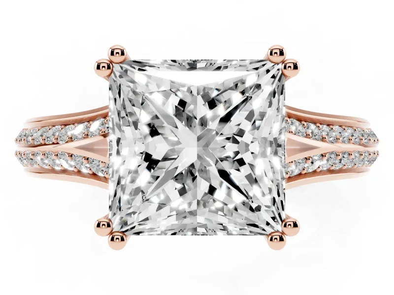 Princess Cut Pave Split Shank Engagement Ring Setting | Double Claw Prongs | Rose Gold