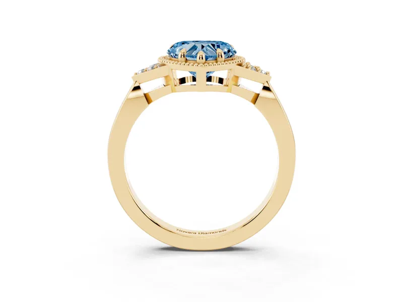 Fancy Blue Heart Cut Diamond Milgrain Solitaire Ring Set in Yellow gold with Tapered Pavé Band and Prong Setting