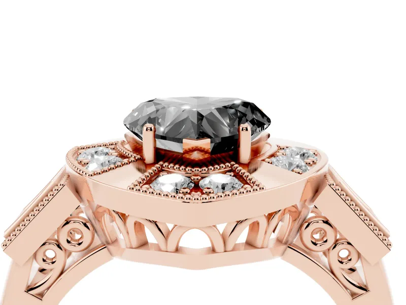 Fancy Black Heart Cut Diamond Milgrain Halo Ring Set in Rose gold with Split Shank