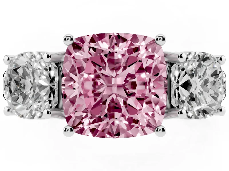 Fancy Pink Cushion Cut Diamond Three-Stone Ring Set in Silver with Pavé Band