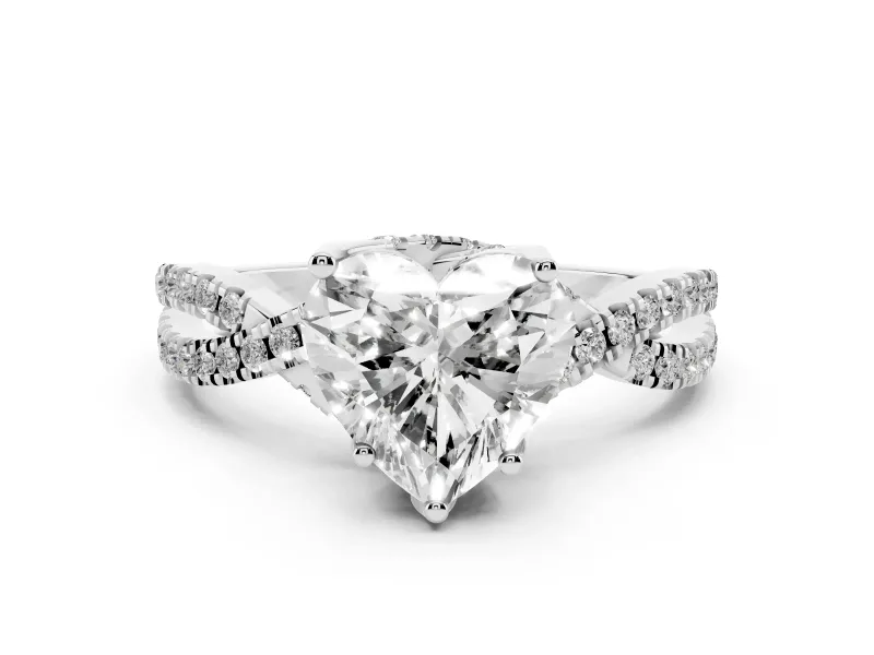 Heart Cut Diamond Twist Pavé Solitaire Engagement Ring Set in White gold with Prong Setting