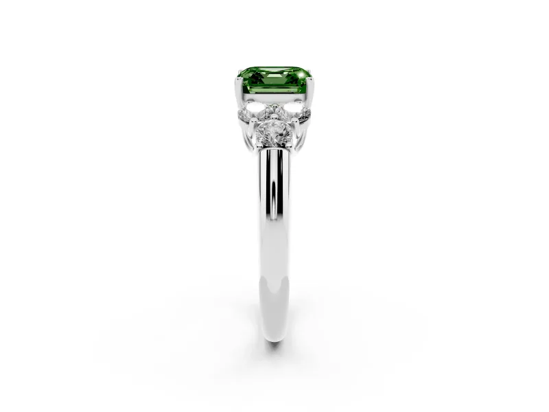 Fancy Green Asscher Cut Diamond Cluster Ring Set in Silver with Round Accent Stones and Prong Setting on a Plain Band
