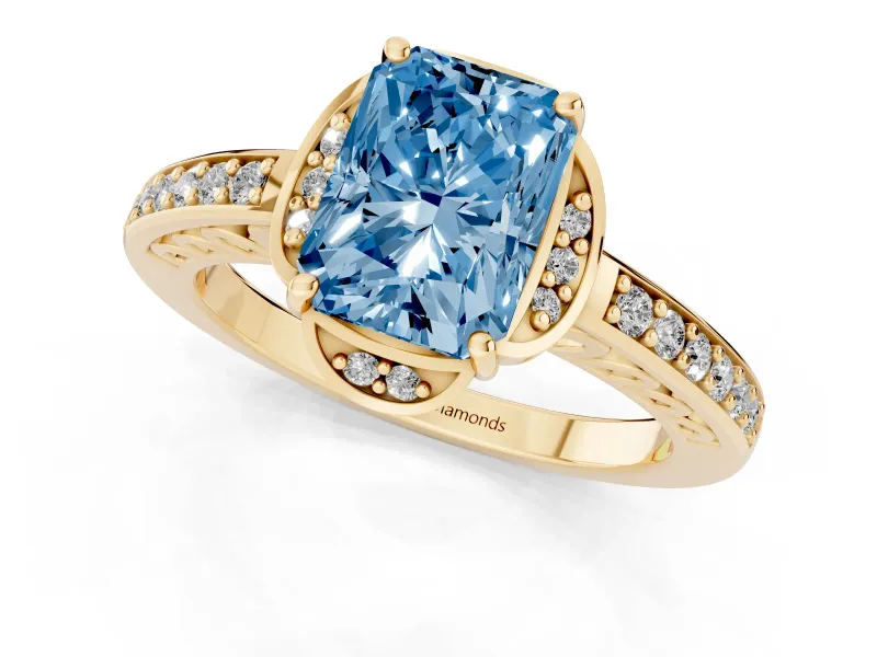 Radiant Cut Floral Pavé Engagement Ring Setting for a Fancy Blue Lab-Grown Diamond | Yellow Gold