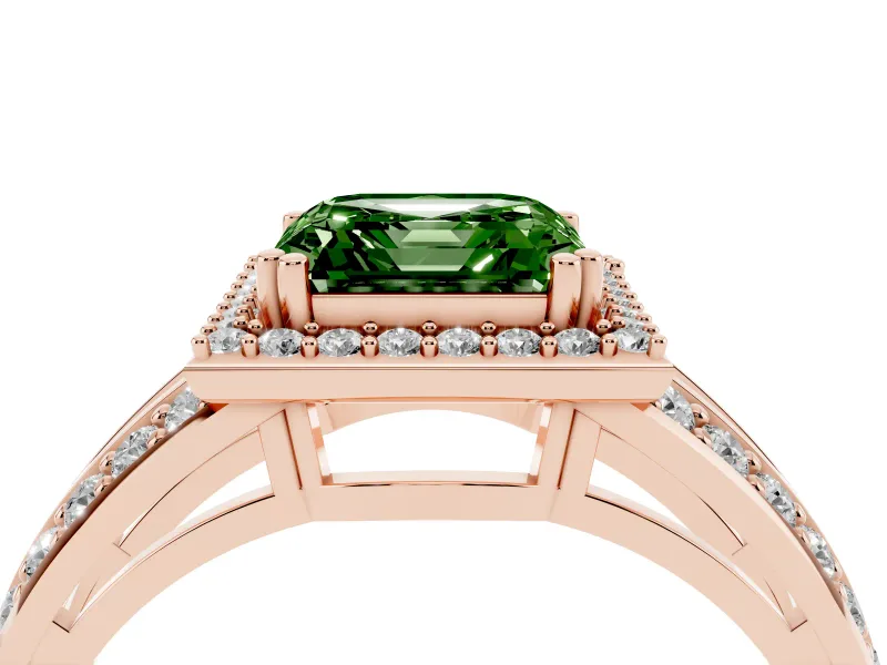 Asscher Cut Halo Engagement Ring Setting for a Fancy Green Lab-Grown Diamond | Two-Row Pave Split Shank | Rose Gold