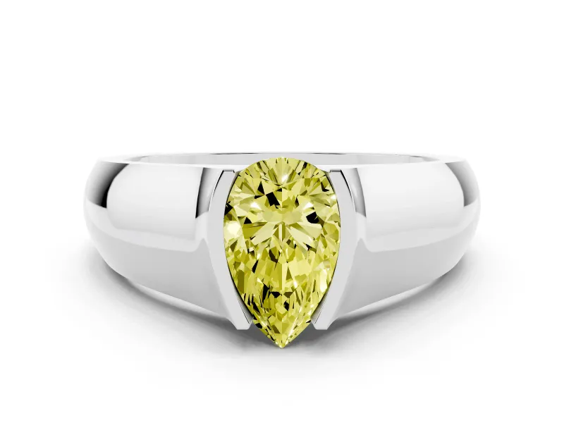 Fancy Yellow Pear Cut Diamond Bezel Solitaire Ring Set in White gold with Wide Band