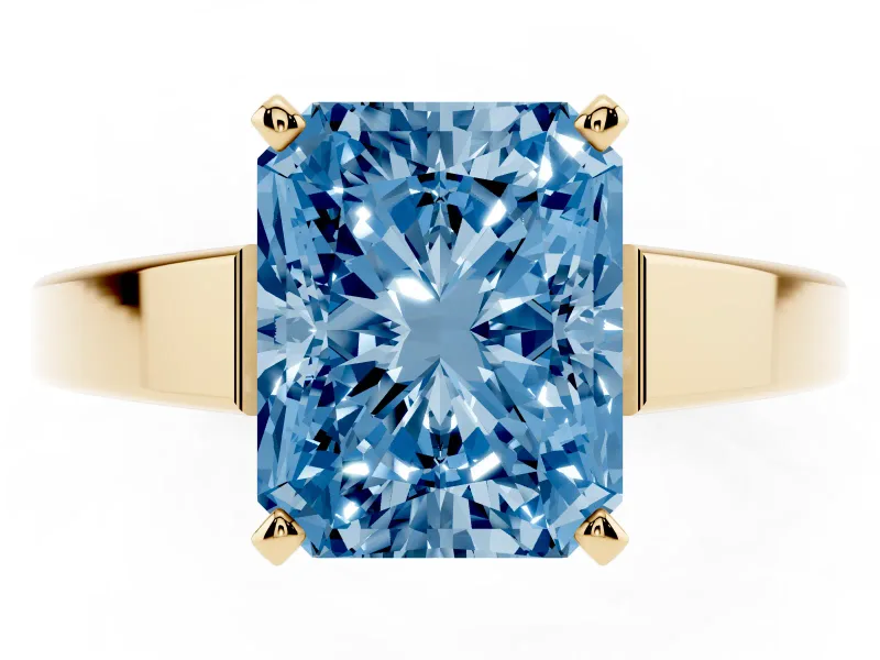 Fancy Blue Radiant Cut Diamond Solitaire Engagement Ring Set in Yellow gold with Prong Setting and Tapered Band
