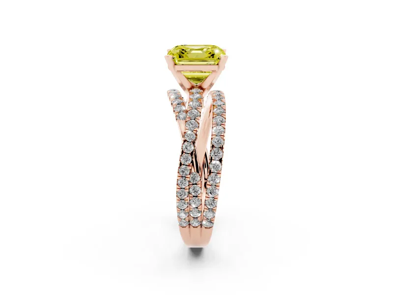 Fancy Yellow Asscher Cut Diamond Solitaire Twist Band Ring Set in Rose gold with Pavé Setting and Prong Head