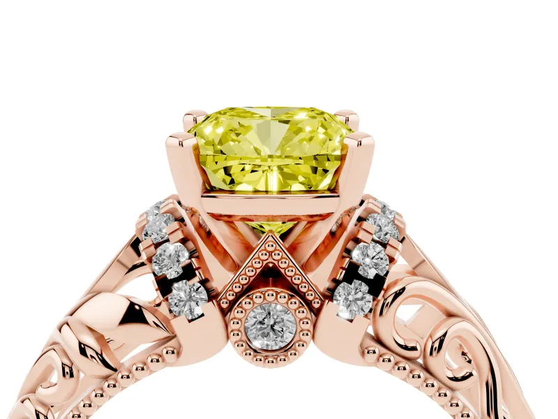Cushion Cut Filigree Engagement Ring Setting for a Fancy Yellow Lab-Grown Diamond | Rose Gold
