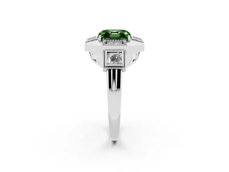 Fancy Green Asscher Cut Diamond Milgrain Halo Ring Set in Silver with Split Shank