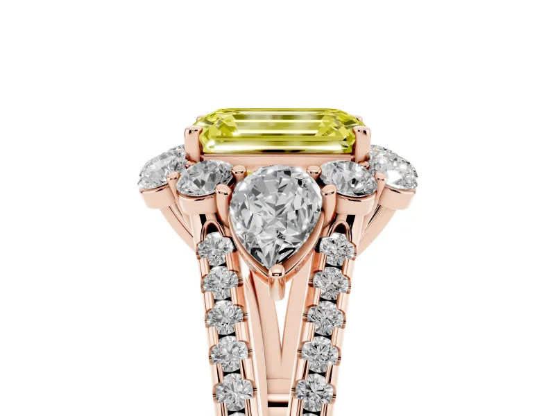 Emerald Cut Scalloped Halo Engagement Ring Setting for a Fancy Yellow Lab-Grown Diamond | Pear Side Stones | Rose Gold