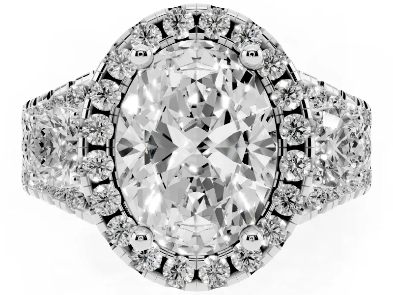 Oval Halo Split Shank Engagement Ring Setting | Round Side Stones | Sterling Silver