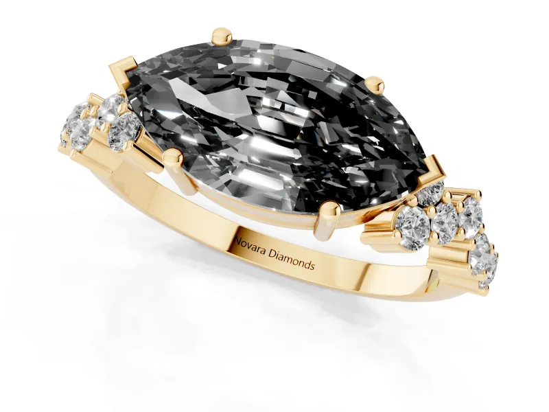 Marquise Scattered Accent Engagement Ring Setting for a Black Center | Slim Band | Yellow Gold