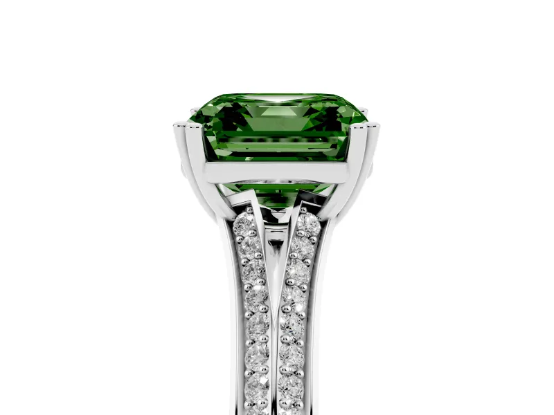 Asscher Cut Split Shank Engagement Ring Setting for a Fancy Green Lab-Grown Diamond | Pave Band | Sterling Silver