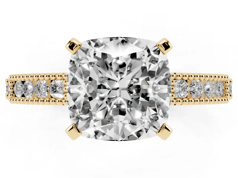 Cushion Cut Vintage Pavé Solitaire Engagement Ring Setting | Milgrain Edges | Yellow Gold
