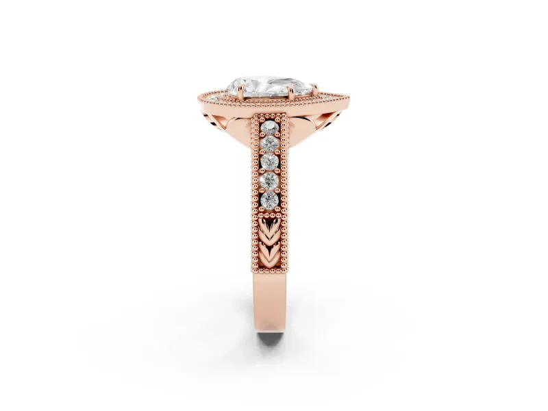 Pear Cut Diamond Halo Ring Set in Rose gold with Round Accent Halo, Pavé Band and Prong Setting