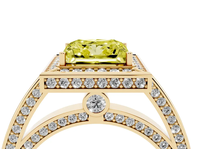 Fancy Yellow Princess Cut Diamond Halo Pavé Split Shank Ring Set in Yellow gold with Prong Setting