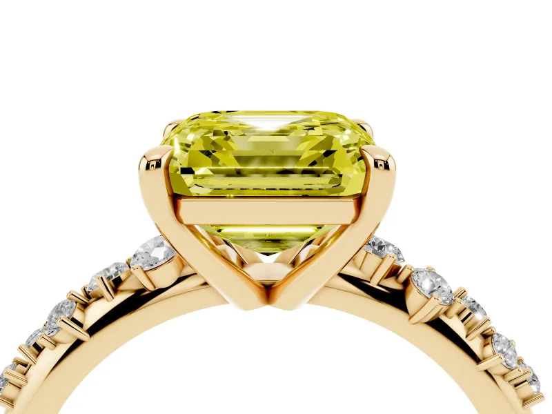 Fancy Yellow Asscher Cut Diamond Solitaire Vine Band Ring Set in Yellow gold with Round Accents and Prong Setting
