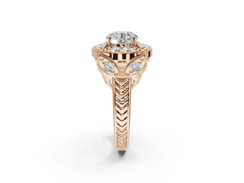 Round Vintage Floral Halo Engagement Ring Setting | Engraved Milgrain Band | Rose Gold