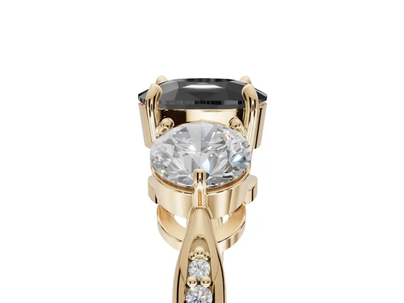Fancy Black Cushion Cut Lab-Grown Diamond Three-Stone Ring Set in Yellow Gold with Channel-Set Band and Prong Setting
