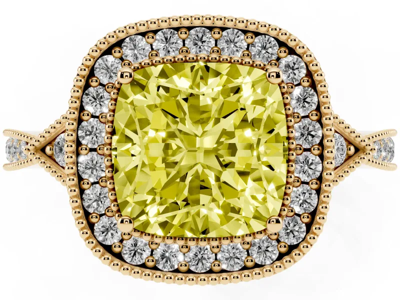 Fancy Yellow Cushion Cut Diamond Halo Engagement Ring Set in Yellow gold with Milgrain Pavé Band