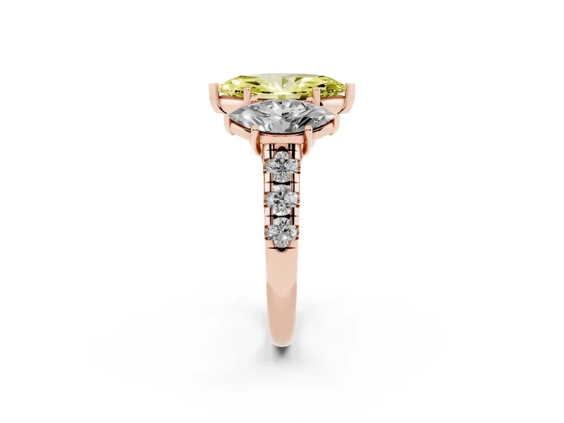Marquise Three Stone Engagement Ring Setting for a Fancy Yellow Lab-Grown Diamond | Accented Shoulders | Rose Gold