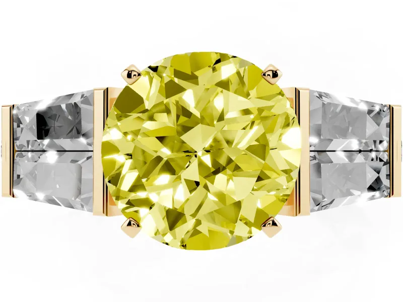 Fancy Yellow Round Cut Diamond Engagement Ring Set in Yellow gold with Baguette Side Stones and Channel Set Band
