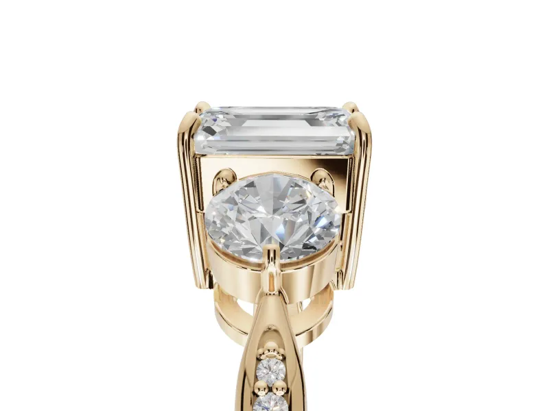 Emerald Cut Three Stone Engagement Ring Setting | Tapered Pave Band | Yellow Gold
