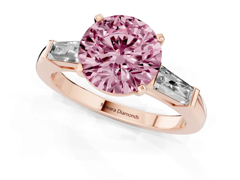 Round Three Stone Engagement Ring Setting for a Fancy Pink Lab-Grown Diamond | Tapered Baguettes | Rose Gold