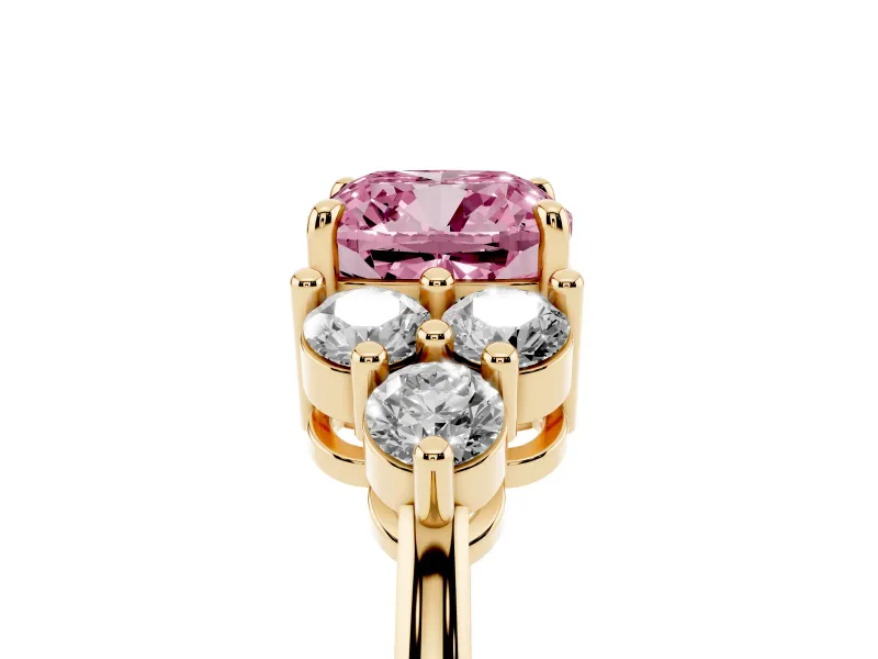 Fancy Pink Cushion Cut Diamond Solitaire Ring Set in Yellow gold with Cluster Accents on Each Side