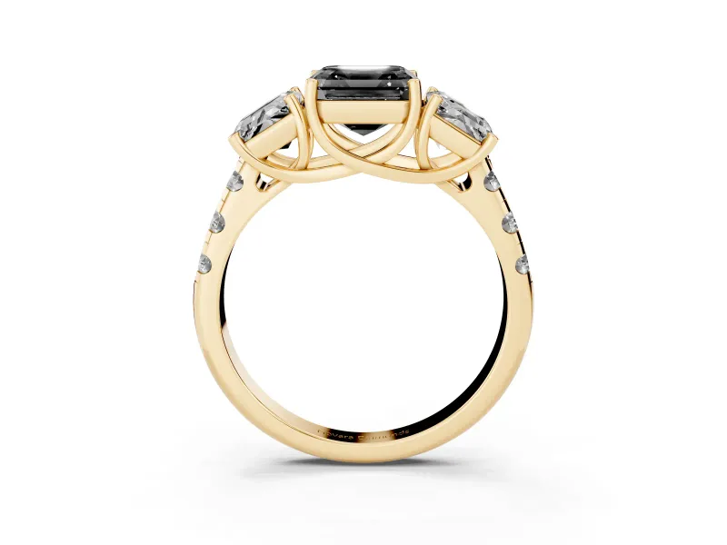 Asscher Cut Three Stone Engagement Ring Setting for a Black Center | Accented Shoulders | Yellow Gold