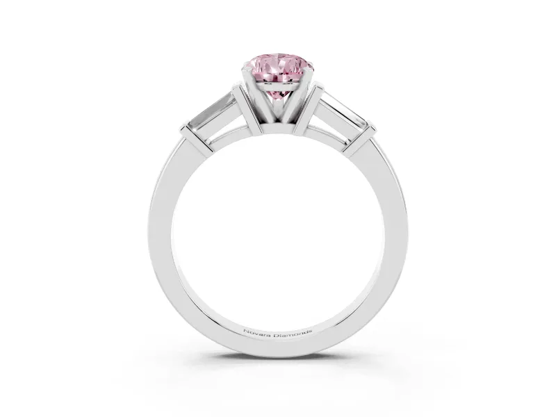 Fancy Pink Pear Cut Diamond Solitaire Ring Set in Silver with Tapered Baguette Accents and Prong Setting
